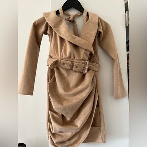 Off the shoulder suede dress in beige with buckle. Halter neck.